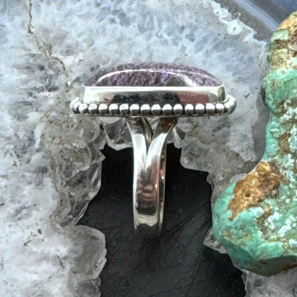 Sterling Southwestern Style Purpurite Decorated Bar Ring Size 8 For Women - Picture 6 of 10